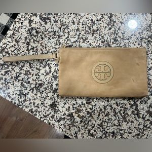 Tan Tory Burch suede wristlet